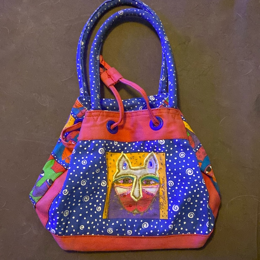 Vintage Laurel Burch small colorful tote bag with cats
